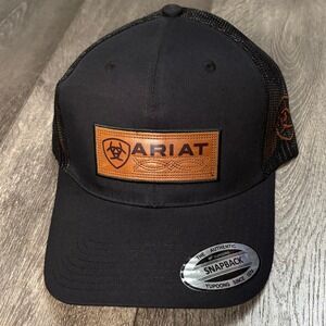 Ariat Mens Black Trucker Hat Snapback Mesh Back Faux Leather Logo Patch Cap